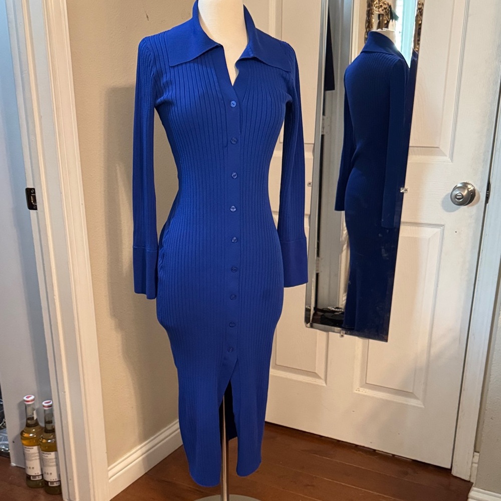julia jordan Royal Blue Ribbed Long Sleeve Button-Front Midi Dress